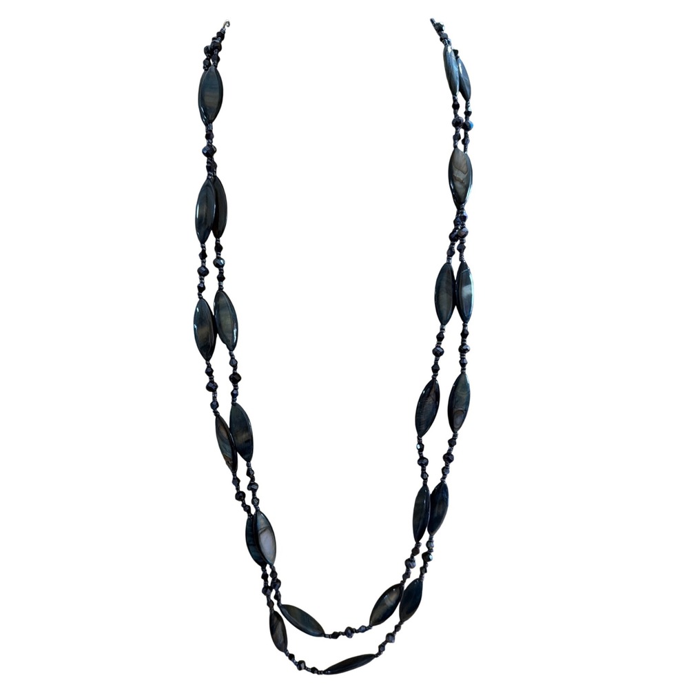 Long Double Strand Marbled Grey and Black Beaded Statement Necklace Layering